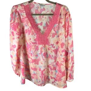 Counterparts Floral Crochet Trim Long Sleeve Blouse Womens XL Pink Peach New